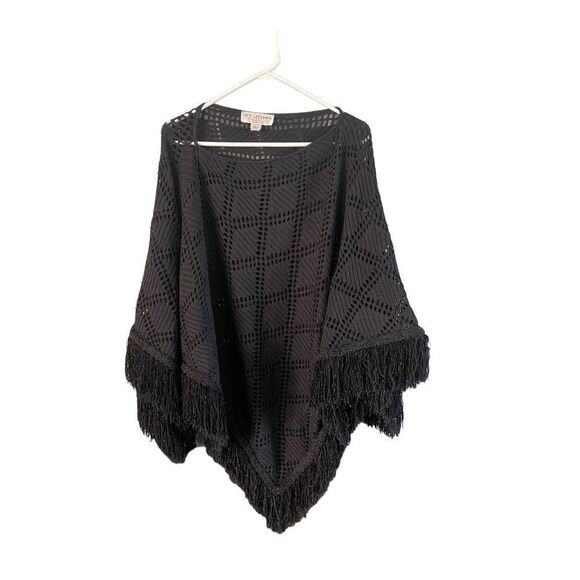 St. John Collection Women Black Ladder Lace Cut-Out Fringe Poncho Sweater Large - Picture 2 of 14